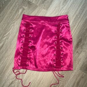 Fashion Nova Fuchsia Satin Lace-Up Mini Skirt